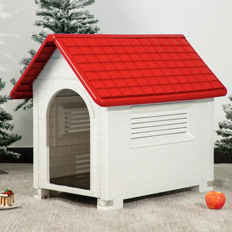 Casa para perros interior y exterior: cubierta extraíble a prueba de lluvia, perrera de plástico para perros medianos/grandes, refugio impermeable y resistente al viento