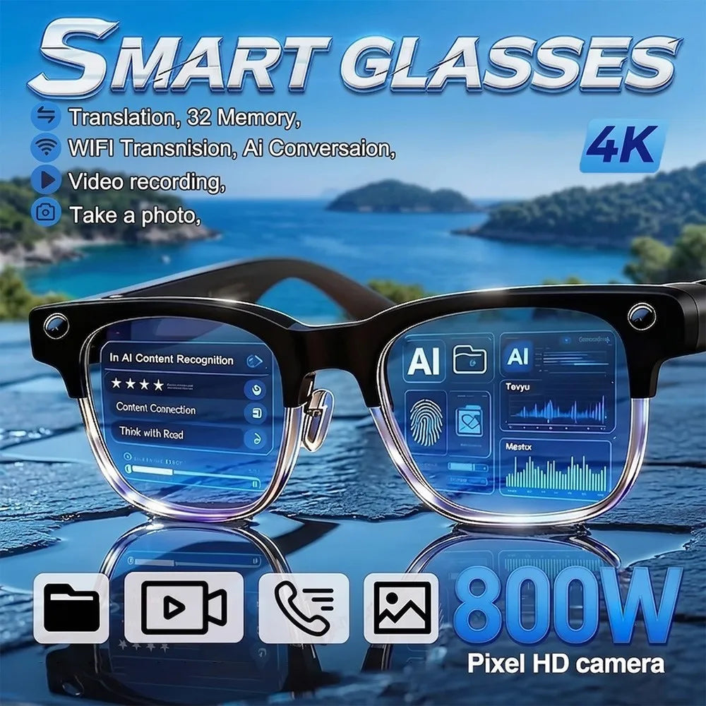 Gafas Inteligentes con Cámara para Hombre, Grabación de Video 4K, Reconocimiento de IA, Llamadas Bluetooth, Traducción de Voz, Anti Luz Azul para Mujer, para Trabajar
