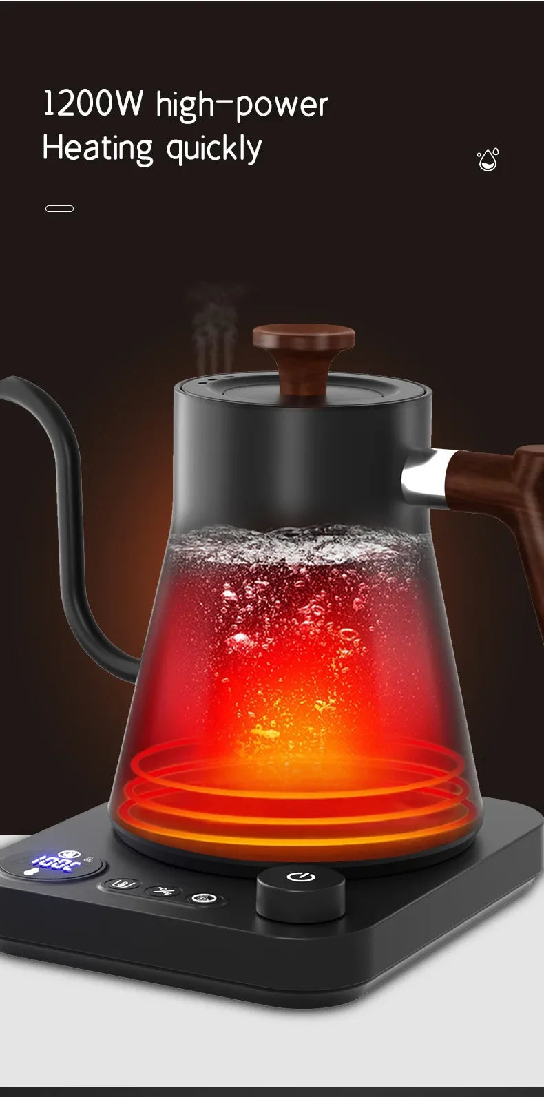 Tetera eléctrica con cuello de cisne, cafetera manual de 900ML, tetera inteligente con Control de temperatura, hervidor de calentamiento rápido de 110v/220v
