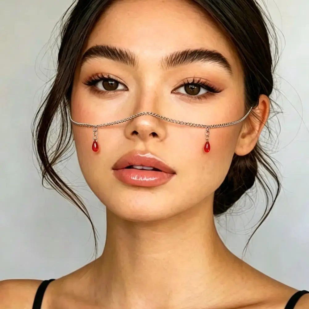 Cadena Facial con Colgante de Gota de Agua Roja, Luster Metálico, Accesorio Multiusos para el Cabello y la Cara, para Fiestas, Sesiones de Fotos, Joyería de Estilo Exótico