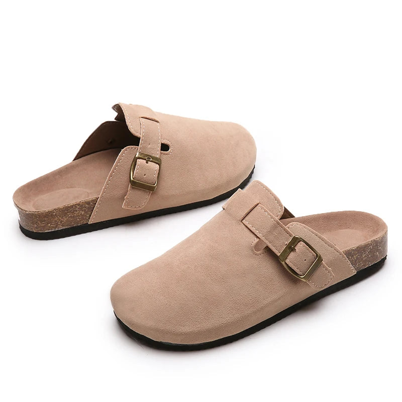 Sandalias de medio arrastre, zuecos para mujer, zapatillas de gamuza de corcho a la moda, zapatillas clásicas antideslizantes de corcho para exteriores con arco