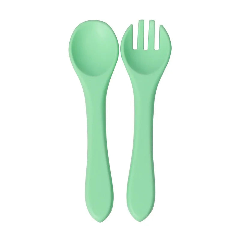 Juego de Cuchara y Tenedor de Silicona de Grado Alimenticio para Bebés, Utensilios de Alimentación para Niños Pequeños con Mango Largo y Cabeza Suave para Alimentos Infantiles