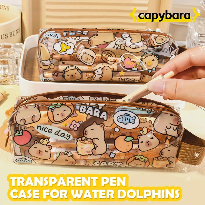 Estuches de lápices de capibara de dibujos animados, bonitos bolsos para bolígrafos, estuche de lápices con cremallera Kawaii, papelería para estudiantes, suministros escolares y de oficina, regalos