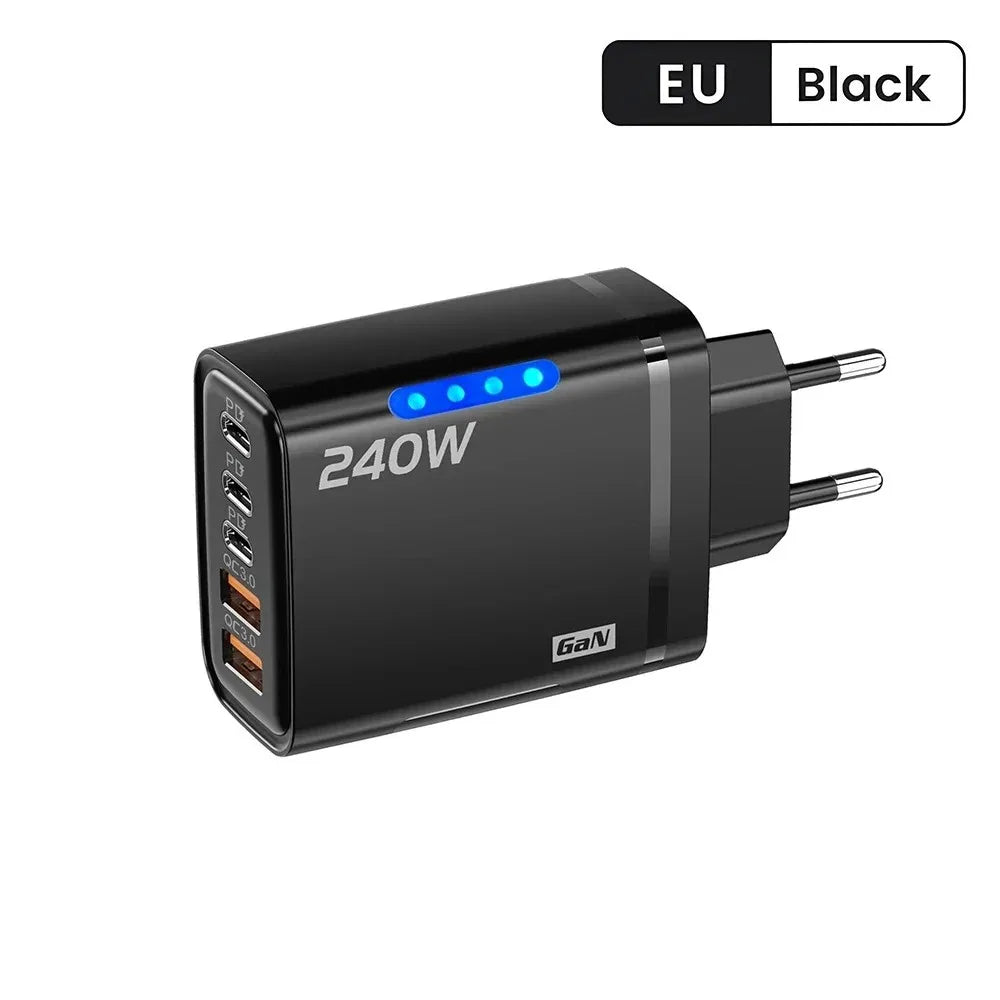 Cargador USB C GaN 5 en 1 de 240W, adaptador de carga rápida para teléfono, PD QC3.0, enchufe europeo/estadounidense/británico, cargador de pared para iPhone, Samsung, Xiaomi