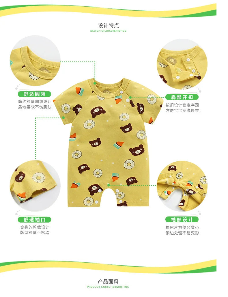 Monos de dibujos animados para bebé, mono de algodón transpirable de verano de manga corta para recién nacidos, niños y niñas, ropa para gatear