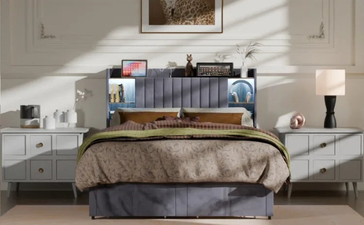 Base de Cama de Plataforma de Madera con Cajones de Almacenamiento, Tamaño Matrimonial, con Luces LED y Estación de Carga, No Requiere Somier, Gris