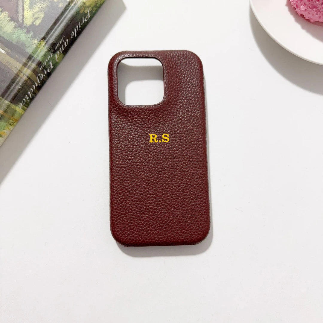 Funda rígida de cuero PU con nombre personalizado para iPhone16, 16e, 15, 14, 13, 12, 11 Pro, Funda trasera a prueba de golpes