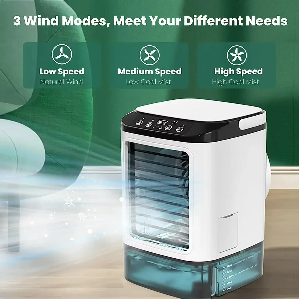 Ventilador Portátil con Aire Acondicionado HOMEFISH, Ventilador de Escritorio con Doble Pulverización Ultrasónica, 3 Velocidades, Silencioso, Enfriador de Aire, Luz Nocturna, Ventilador Eléctrico