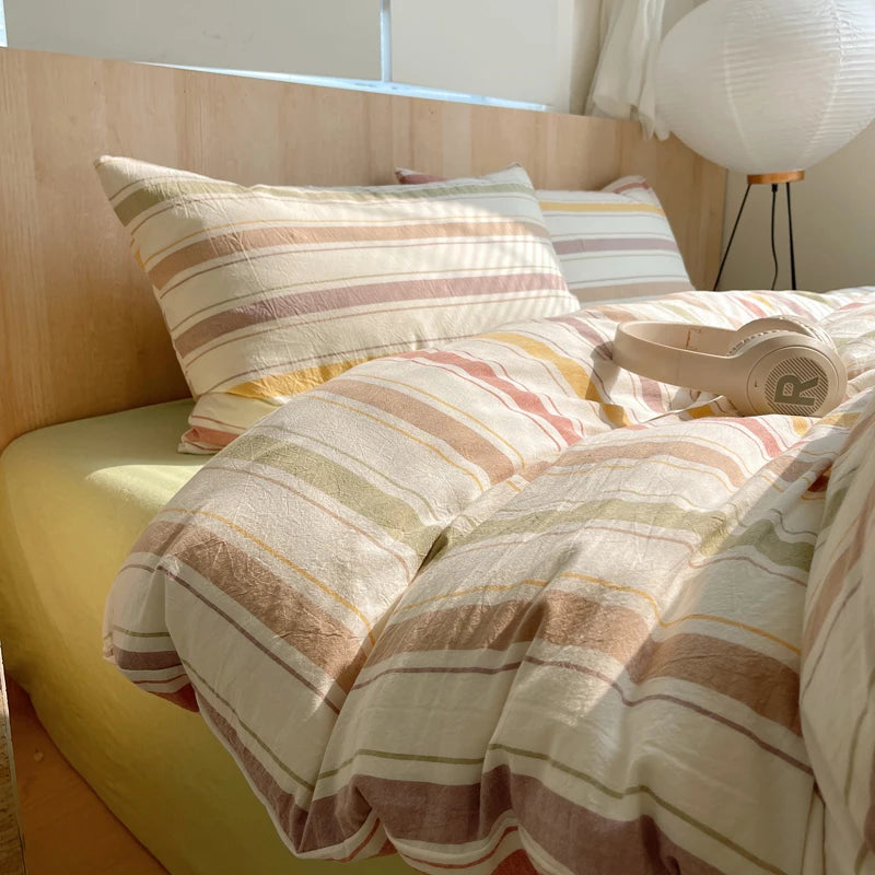 Juego de cama suave de algodón 100%, funda nórdica con estampado de rayas y funda de almohada, ropa de cama, colcha, fundas de almohada, juegos de edredón