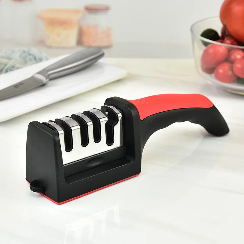 Afilador de cuchillos de 4 segmentos para cocina, tres usos negra de piedra de afilar, multifuncional, para el hogar