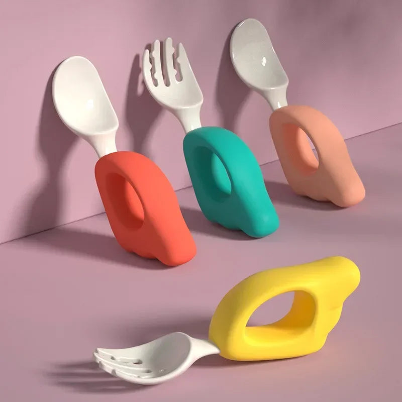 Cuchara, tenedor para bebé, aprender a comer, entrenar, 1-2 años, comer, juego de palillos para bebé, tenedor de comida complementaria, vajilla de plástico
