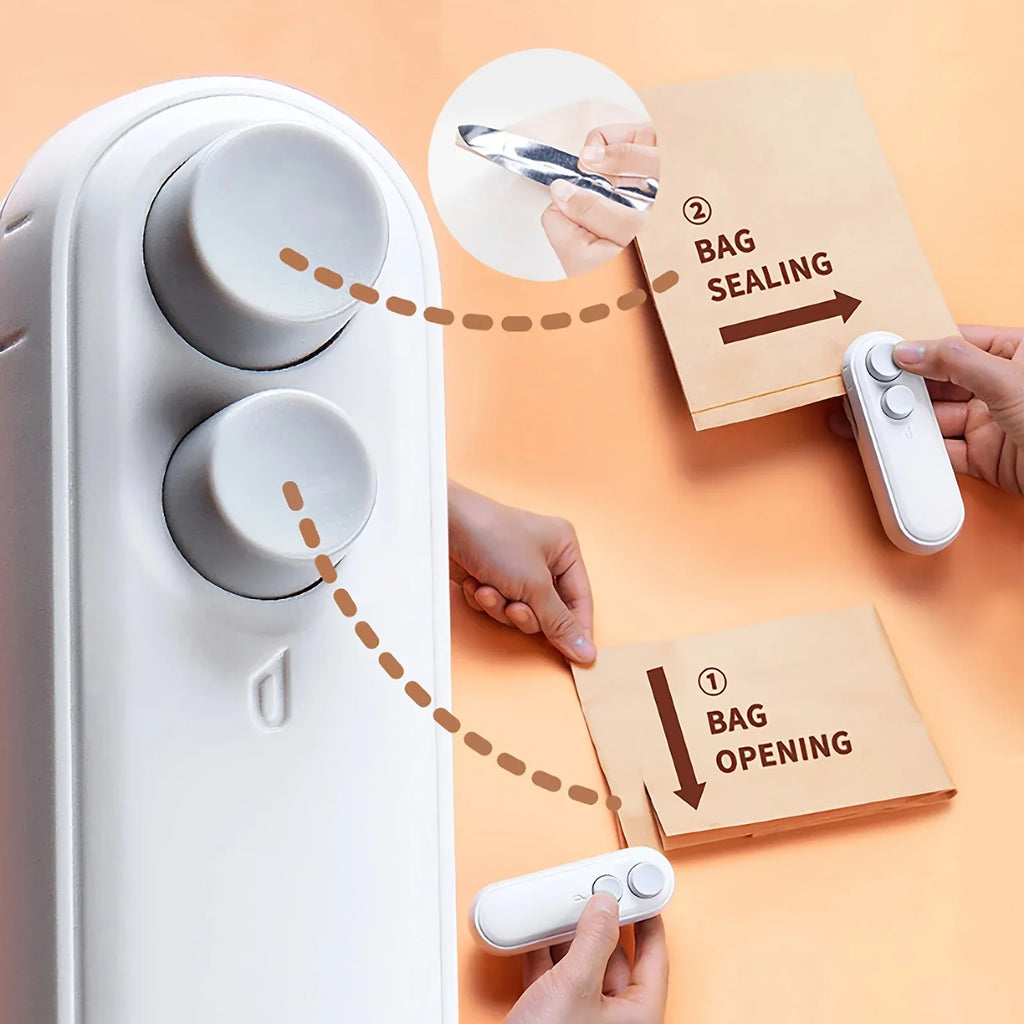Mini máquina de sellado de bolsas de aperitivos, carga USB con cortador de chips, bolsa de plástico, dispositivo de almacenamiento de alimentos frescos