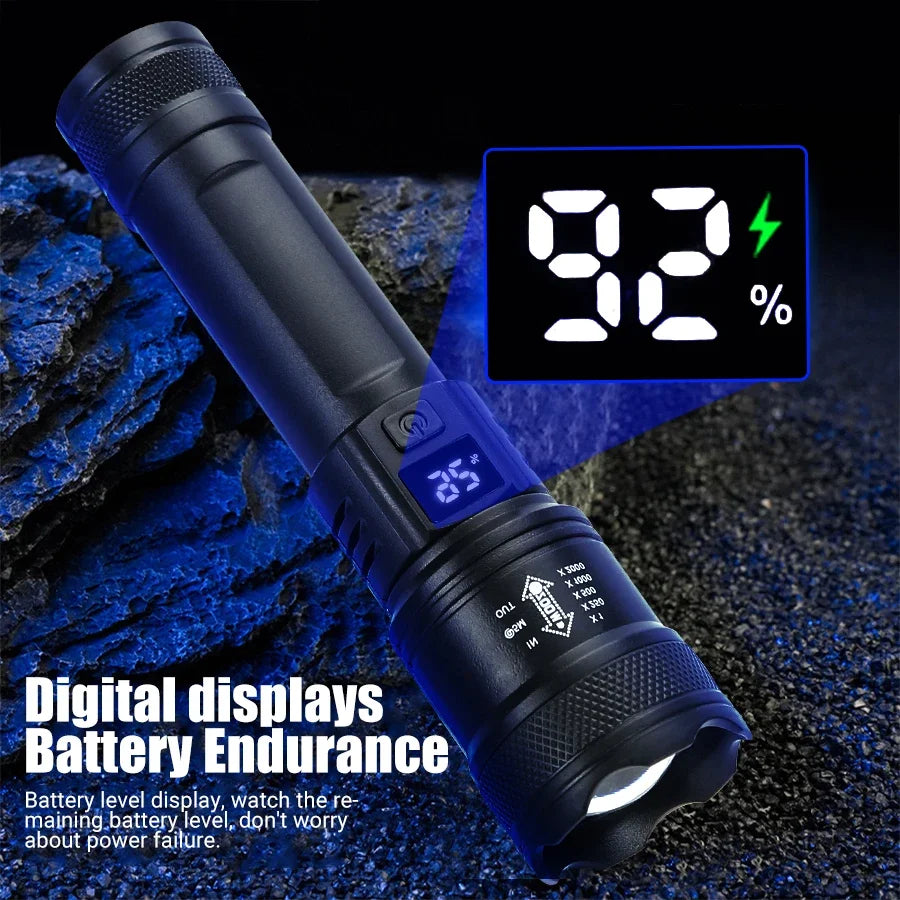 Linternas Led de alta potencia y fuerte, linterna táctica de 2000LM con luz de pantalla, carga USB, Camping, pesca, linterna con Zoom de emergencia