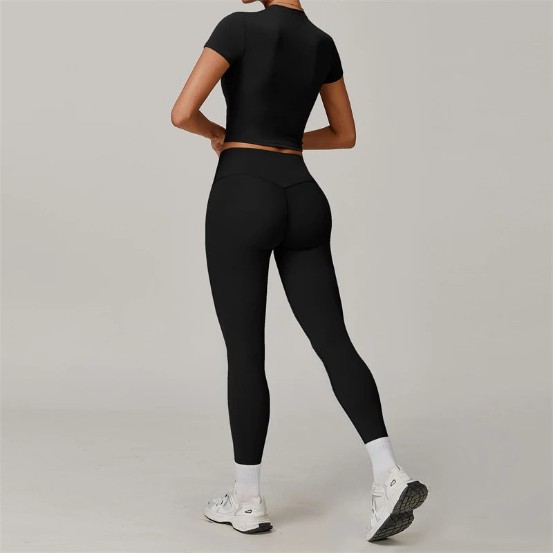 Conjunto de Yoga de 2 piezas para mujer, ropa deportiva de entrenamiento, ropa de gimnasio, Top corto de manga corta, mallas de cintura alta, trajes deportivos