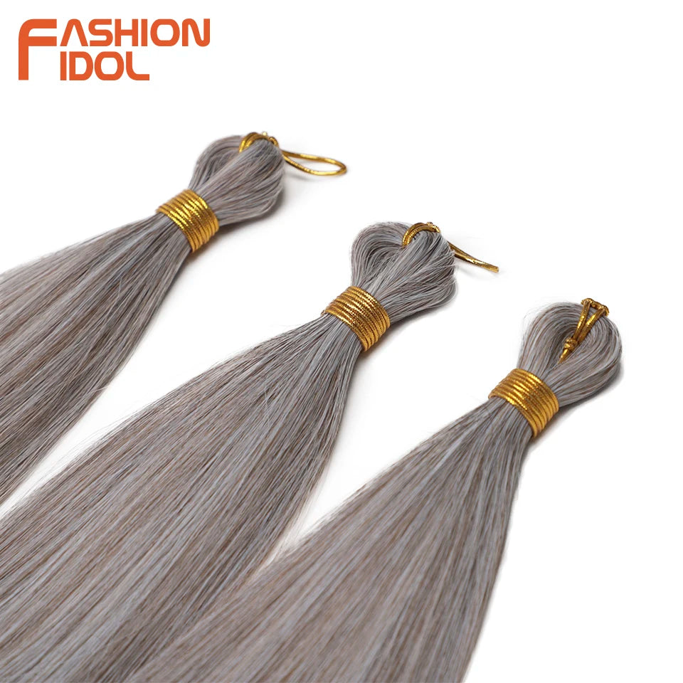 FASHION IDOL, 28 pulgadas, 300g/3 piezas, cabello liso, cabello trenzado sintético, extensiones de cabello de fibra resistente al calor, color gris ombré