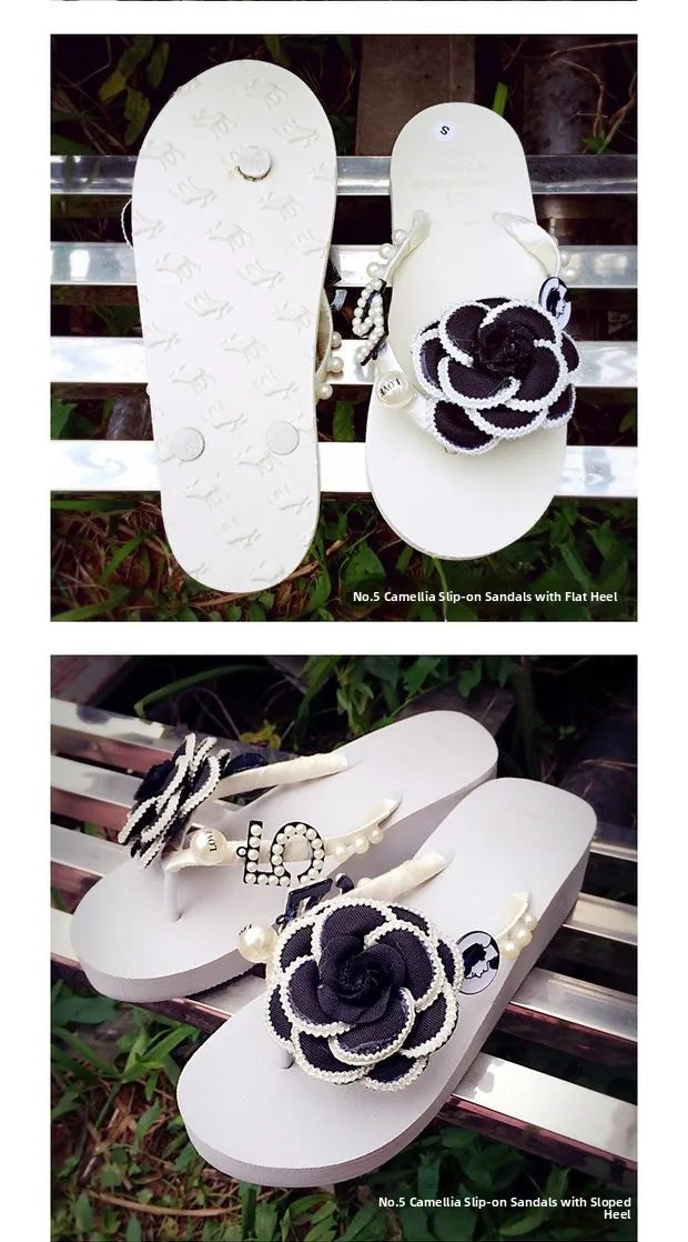 Sandalias Hechas a Mano con Suela Plana Antideslizante, Decoradas con Perlas, con Diseño de Flor de Camelia, Chanclas de Play...
