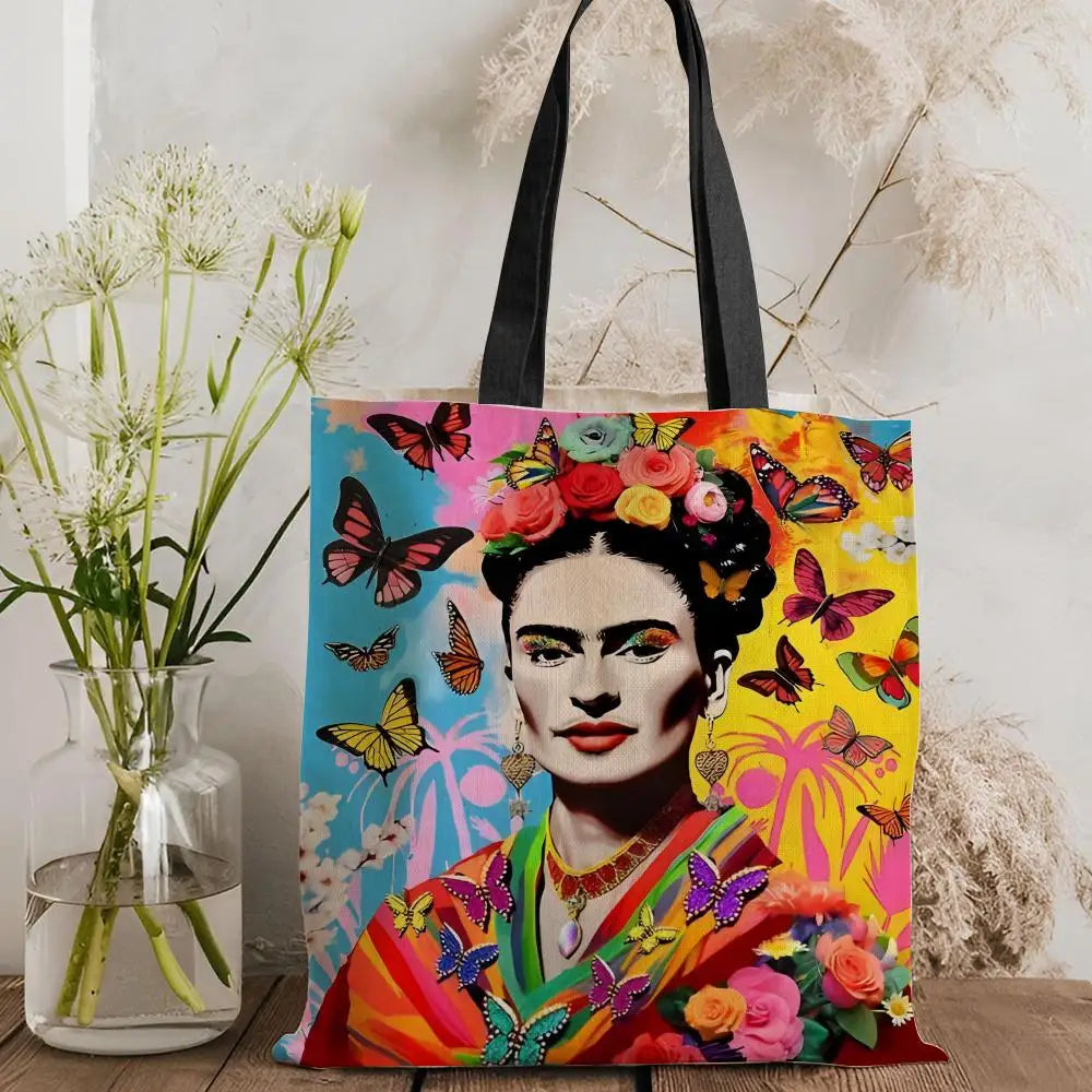 Bolsos de Almacenamiento Art F-Frida Kahlo, Bolso Tote de Lona con Estampado a Doble Cara, Bolso de Hombro de Gran Capacidad para Mujer