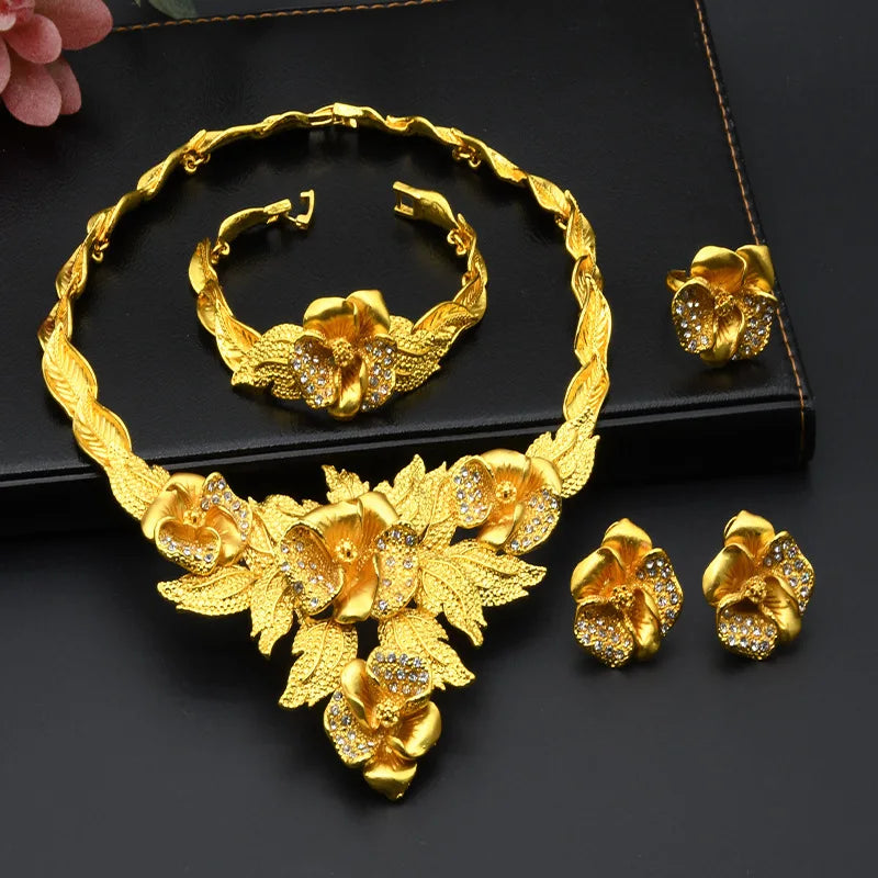 Juego de joyería nupcial de lujo en oro 24k Au999 para novias africanas y mujeres saudíes, collar, pulsera, aretes y anillo, 4 piezas, regalo.