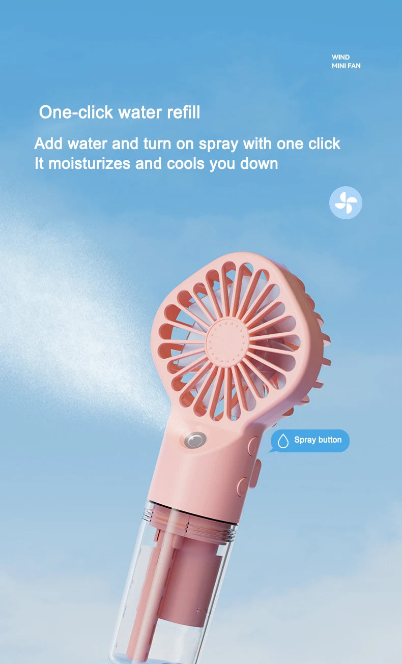 Ventilador de pulverización portátil de mano, ventilador de niebla de pulverización de agua, miniventilador de dormitorio de estudiantes, suministros de verano, herramientas de refrigeración, ventilador pequeño para exte