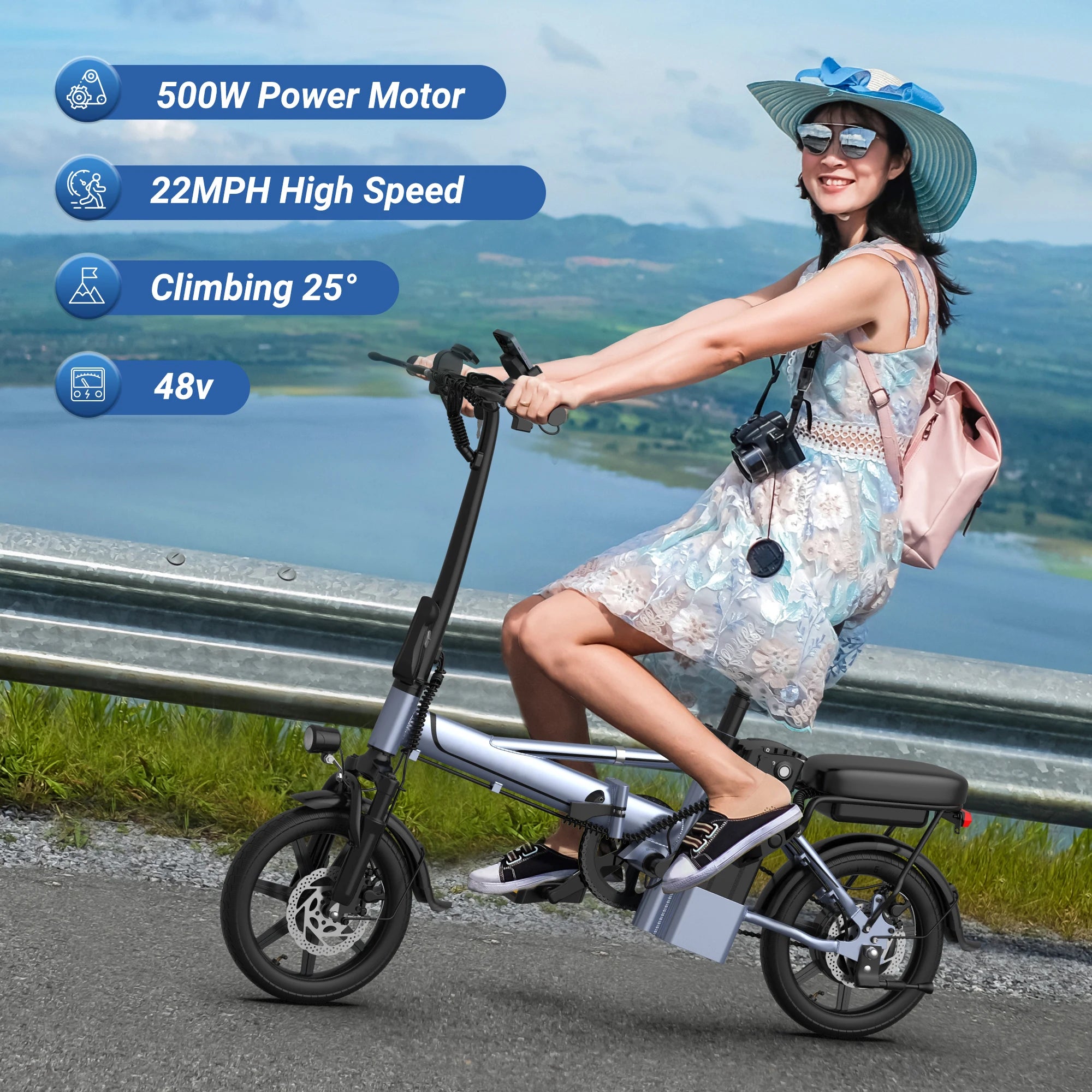 Bicicleta Eléctrica Plegable E14 de 500W para Adultos, 22MPH, 38 Millas, 14 Pulgadas, con Cuadro Plegable y Cesta Trasera, Bicicleta Eléctrica Urbana, Stock en la UE