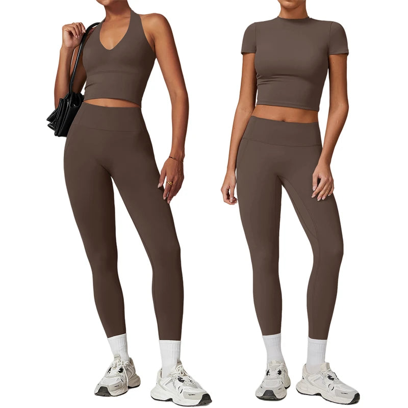 Conjunto de Yoga de 2 piezas para mujer, ropa deportiva de entrenamiento, ropa de gimnasio, Top corto de manga corta, mallas de cintura alta, trajes deportivos