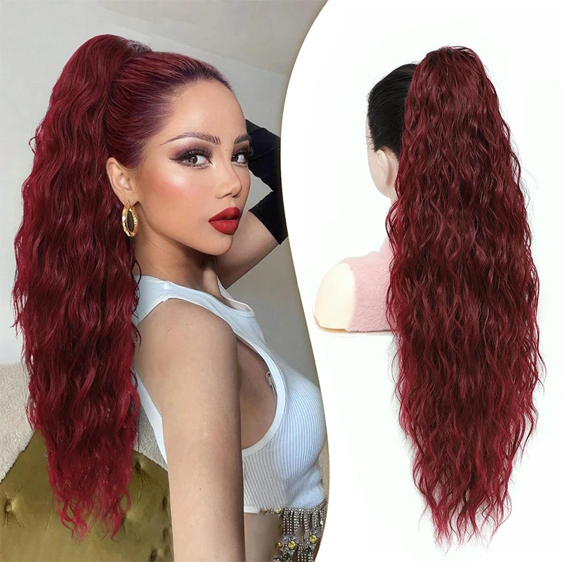 Extensión de cabello de cola de caballo ondulada y rizada larga para mujer, postizos de cola de caballo con cordón, cola de caballo falsa sintética, negro, Rubio y rojo
