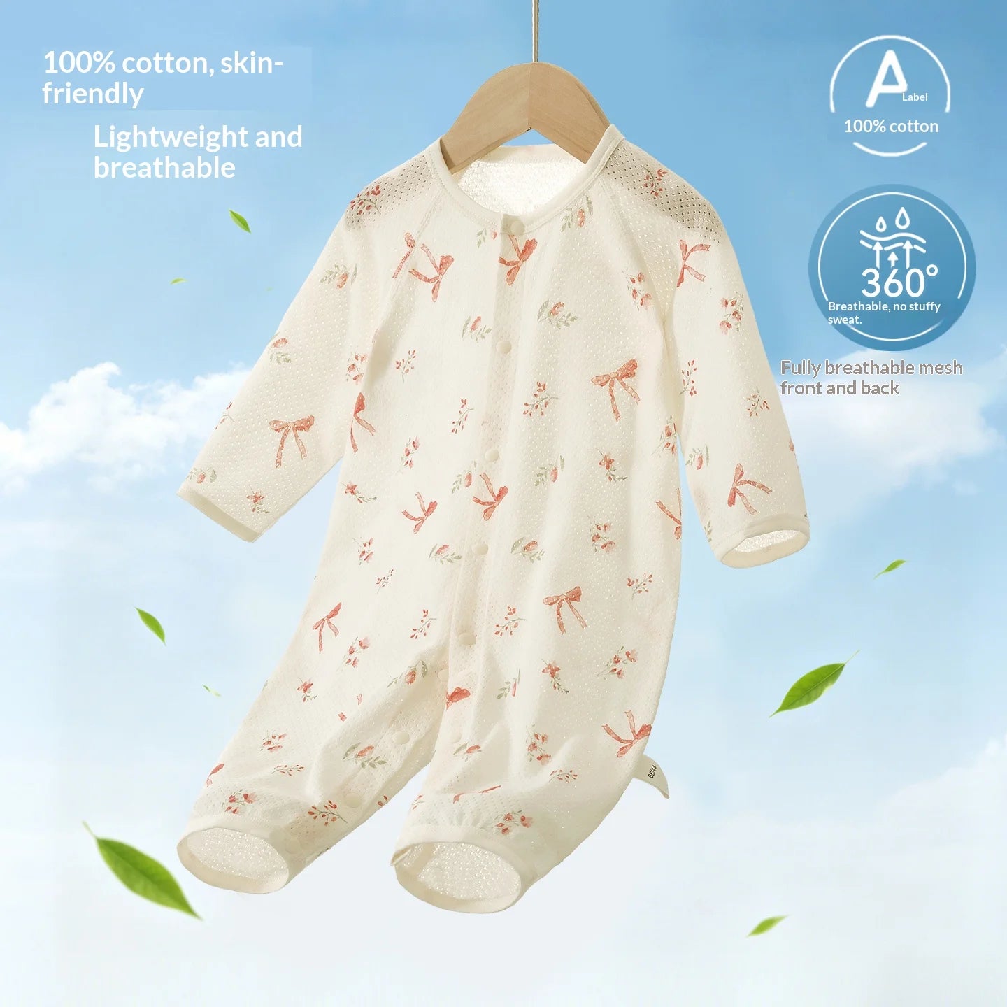Traje de Verano para Bebés, de Algodón Puro, Manga Larga, Transpirable, Suave y Cómodo, con Aire Acondicionado