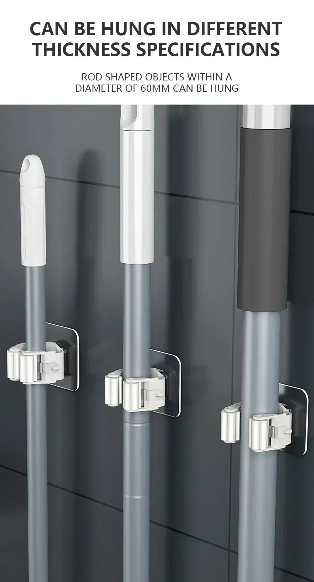 2 Soportes de Almacenamiento para Fregonas, Barra Colgante de Succión para Baño, Soporte de Fregona sin Rastro, Colgador de Escobas Montado en Pared, Soporte de Fregona Resistente al Agua