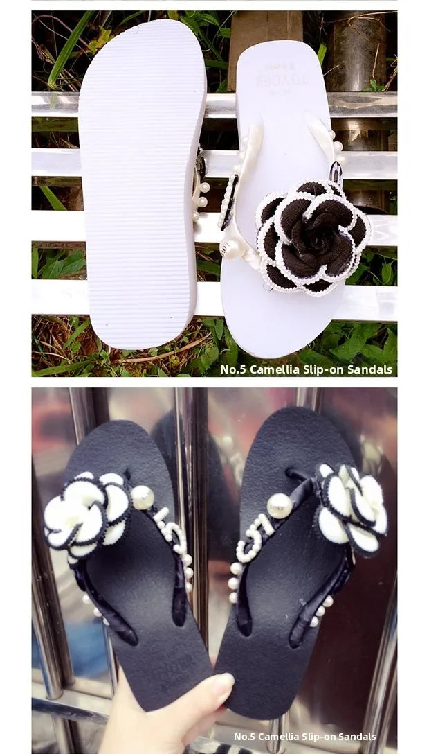 Sandalias Hechas a Mano con Suela Plana Antideslizante, Decoradas con Perlas, con Diseño de Flor de Camelia, Chanclas de Play...