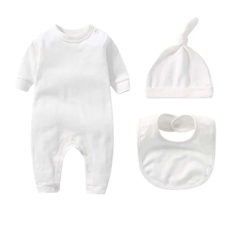 Conjuntos de 3 uds para bebé recién nacido, ropa para niño y niña de 0 a 3 meses, mono 100% de algodón, sombrero, babero, monos de manga larga de Color sólido, trajes infantiles