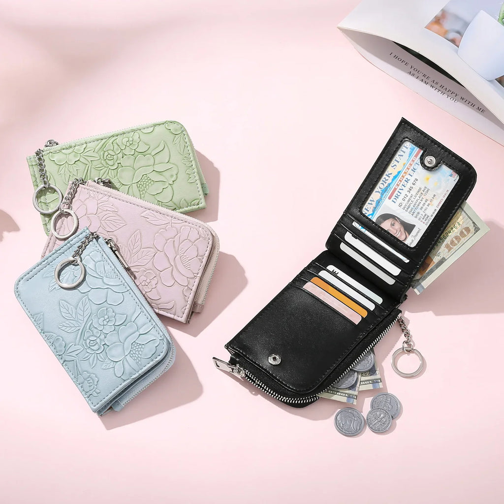 Monedero con cremallera para mujer con diseño en relieve de llavero, múltiples ranuras para tarjetas, billetera de gran capacidad, accesorios de moda