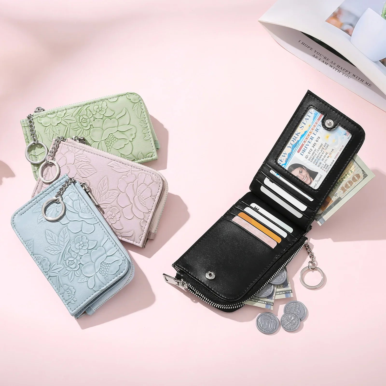Monedero con cremallera para mujer con diseño en relieve de llavero, múltiples ranuras para tarjetas, billetera de gran capacidad, accesorios de moda