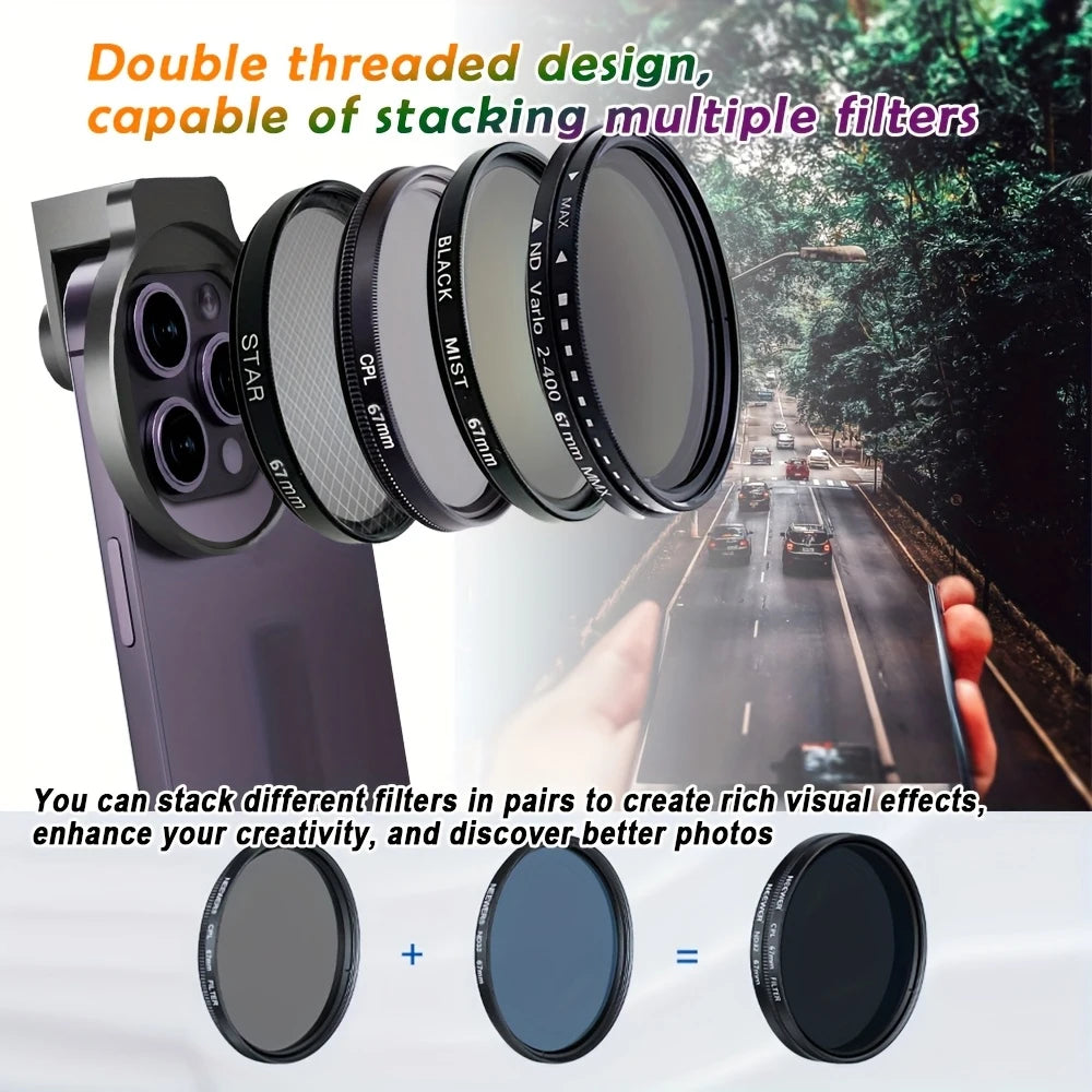 Kit de lentes de filtro de teléfono Universal con Clip, lente de cámara CPL VND Star, filtros de niebla negros para teléfonos inteligentes Samsung, iPhone, HUAWEI, 67mm