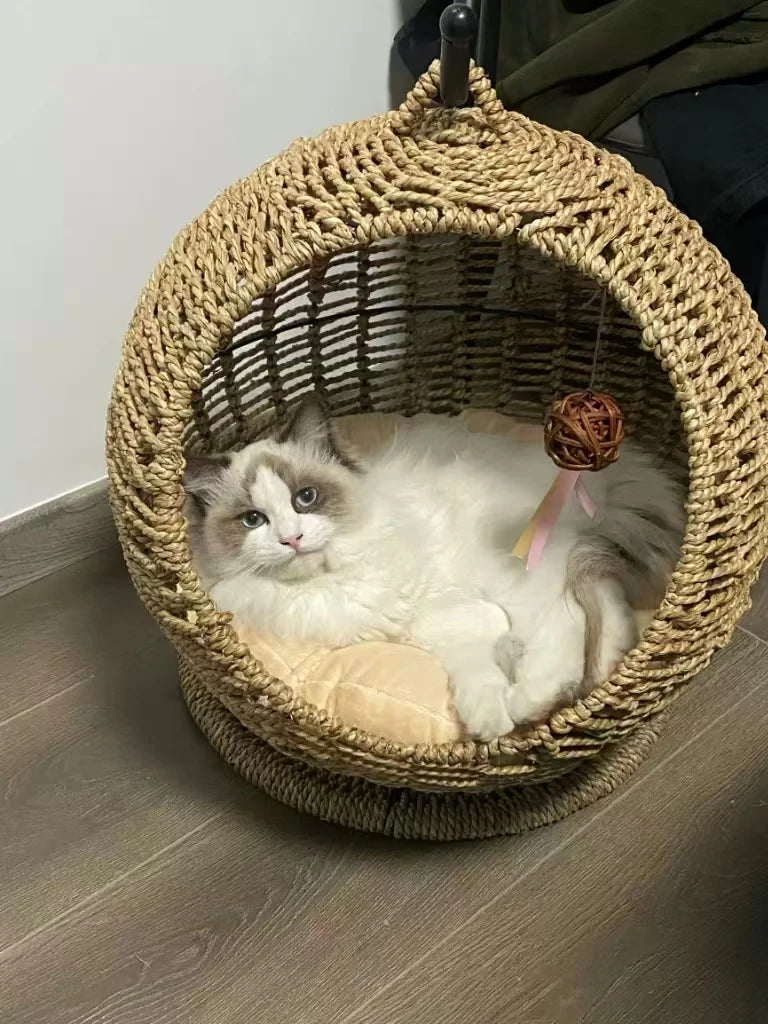 Hamaca semicerrada para mascotas, jaula redonda colgante para gatos, cesta de ratán para verano