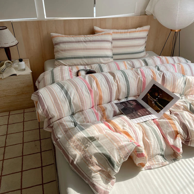 Juego de cama suave de algodón 100%, funda nórdica con estampado de rayas y funda de almohada, ropa de cama, colcha, fundas de almohada, juegos de edredón
