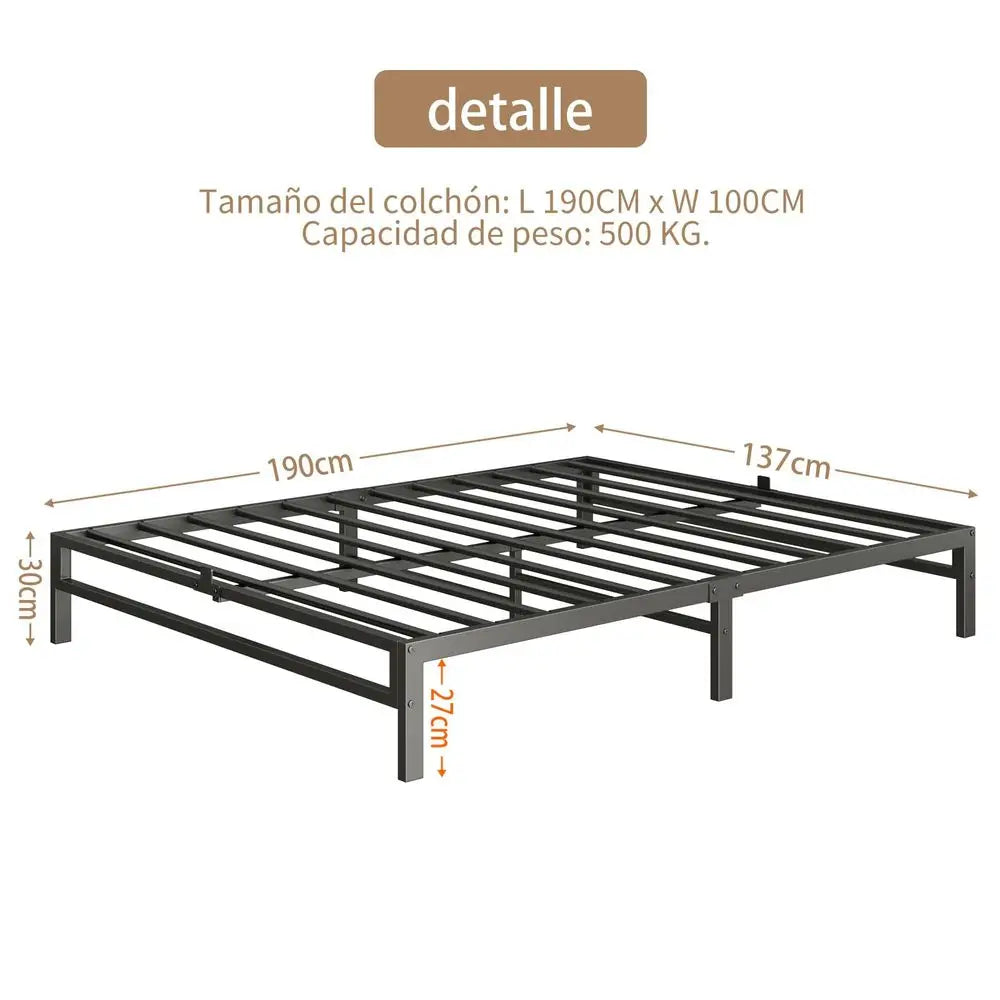 Cama matrimonial, Base de cama matrimonial, Bases de cama de acero inoxidable, Soporte de listones metálicos, Espacio de almacenamiento