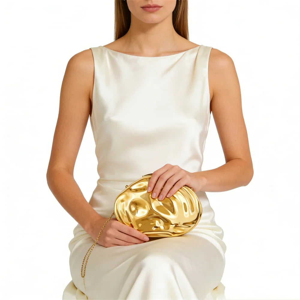 Caja de hierro de concha metálica dorada ovalada, Mini bolsos pequeños para mujer, bolso de mano de noche, bolso de viaje para banquete de boda, bolso dorado para mujer