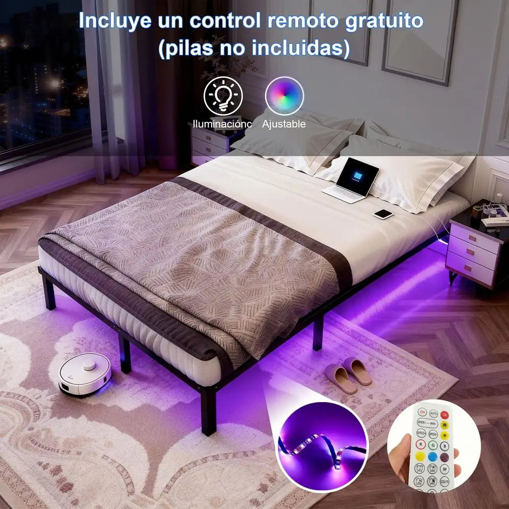 Base de Cama Matrimonial Flotante con LED y Enchufe, Base de Cama de Metal King Size, Apta para Adultos, Color Negro con Iluminación