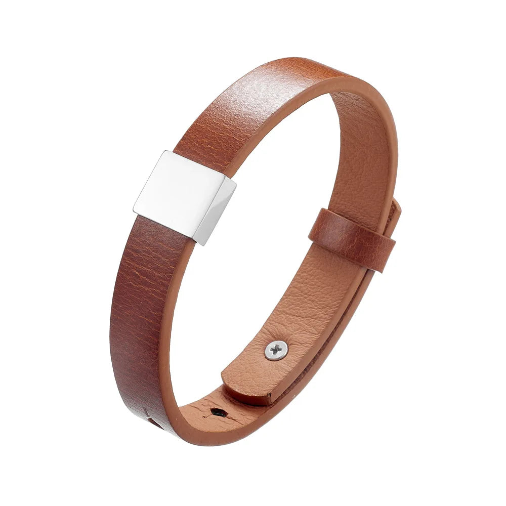 Pulseras de identificación ajustables de acero inoxidable, brazaletes de piel de vaca tallada personalizados gratis, correas de muñeca de cuero DIY para hombres y mujeres