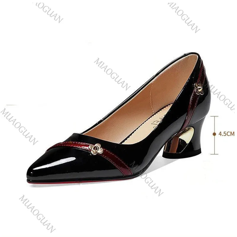 Zapatos de tacón medio grueso de cuero suave para primavera y otoño para mujer, zapatos profesionales con punta estrecha y boca poco profunda