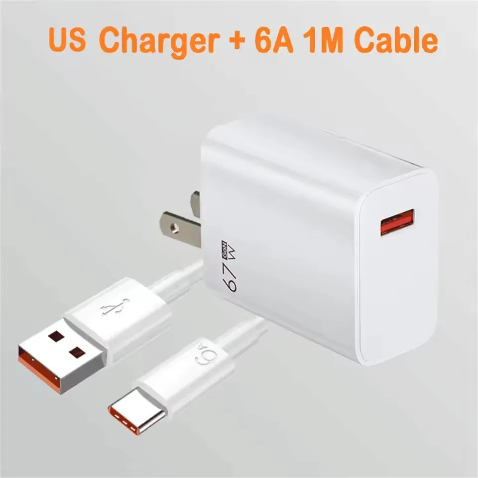 Cargador USB GaN de 67W con Carga Rápida, Cargador de Pared con Cable USB Tipo-C de 6A, Carga Rápida 3.0, Enchufe para iPhone, Samsung, Xiaomi