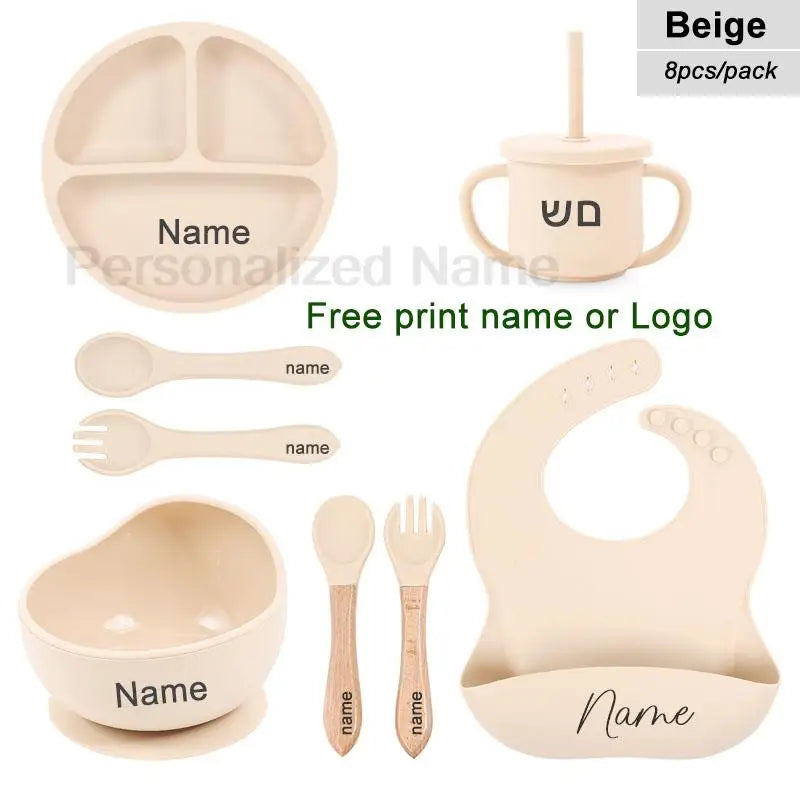 Juego de alimentación de silicona para bebé, plato de comedor redondo, cuenco con ventosa, platos para niños, vajilla con nombre personalizado, taza de paja, 8 Uds.
