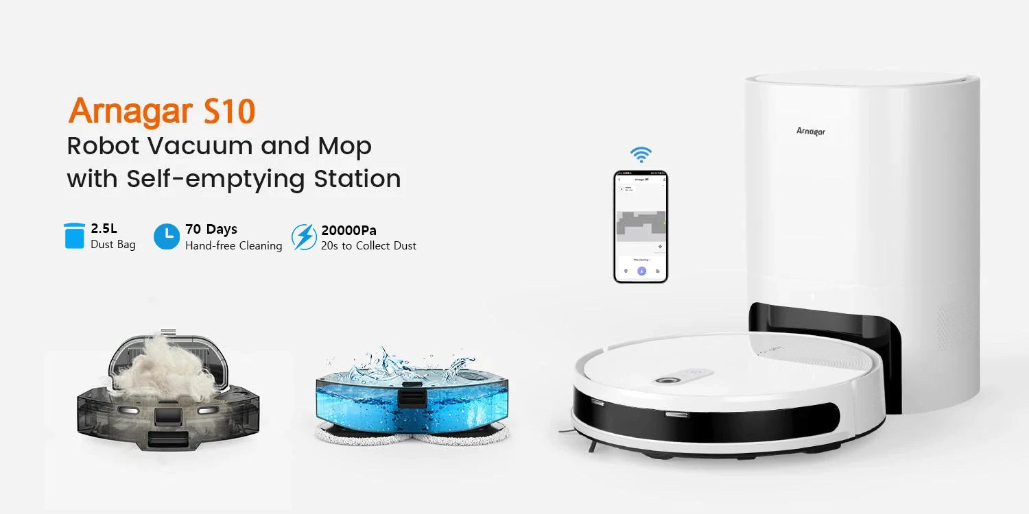 Robot Aspirador Arnagar S10 con Autovaciado, Recolección de Polvo, Función de Fregado, 12000Pa, 5200mAh, Bajo Ruido, Control por APP para Limpieza del Hogar