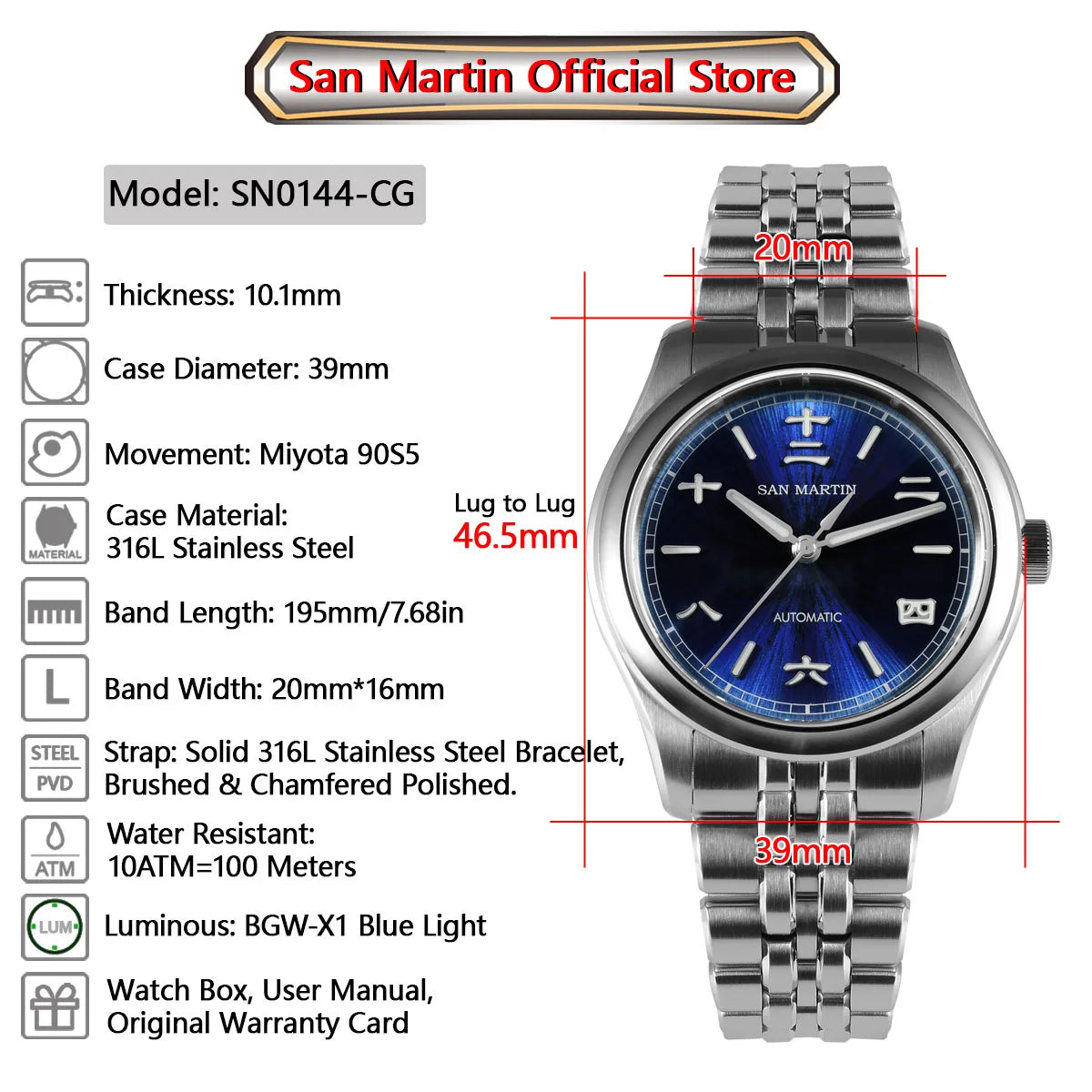 San Martin nuevo reloj Gada de 39mm estilo chino diseño Original Sunburst JianZhan Miyota 90S5 vestido de hombre mecánico automático SN0144