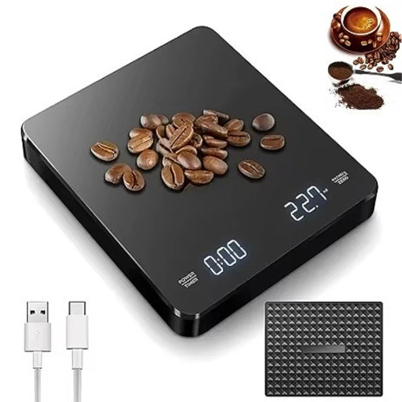1 Juego de báscula de café electrónica con almohadilla de silicona báscula de café Digital con temporizador pantalla LED carga USB uso en cafetería en casa buen regalo