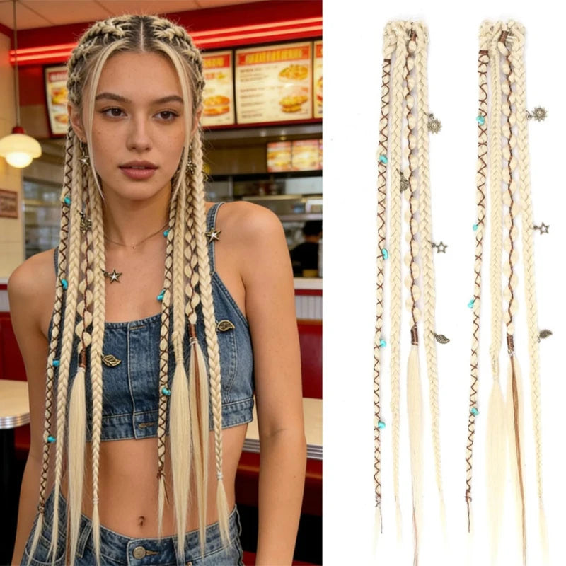 Peluca con 4 trenzas pequeñas y extensiones de cabello para mujer, combinada con trenzas sintéticas estilo bohemio con clip BB.