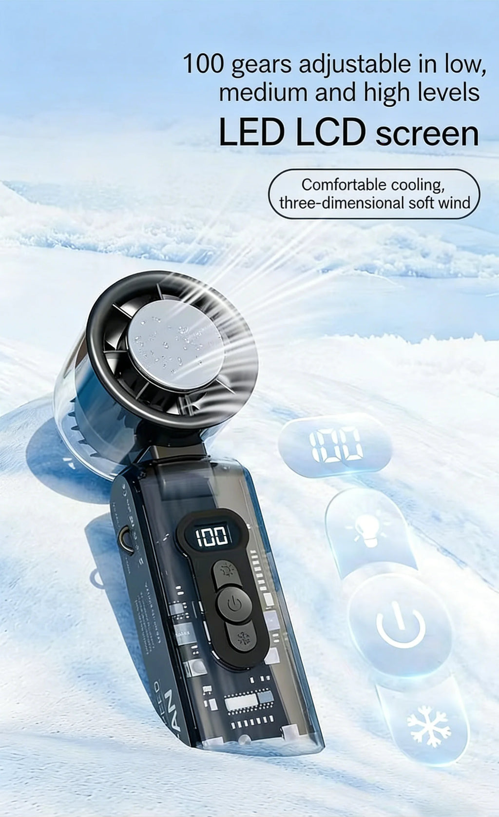 Mini Ventilador de Mano con Compresa de Hielo, Turbo Jet, 100 Velocidades Ajustables, Recargable por USB, Ventilador Portátil de Refrigeración, Ventilador Turbo para Cuello para Exteriores