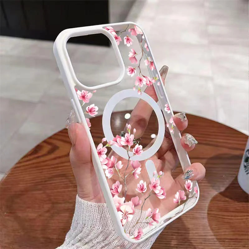 Funda de teléfono magnética con diseño de fondo Floral elegante de cereza rosa para iPhone 17 16 15 14 13 12 Pro Max 11 16 Plus 16E 17Air
