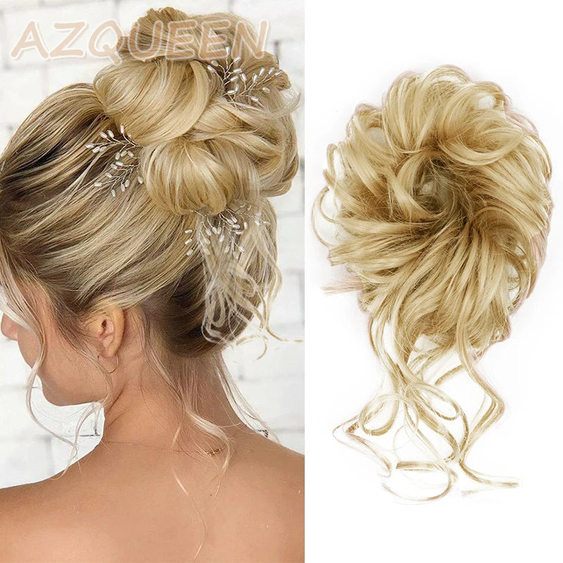 AZQUEEN moño de pelo sintético moño Natural gris desordenado banda para el cabello rizado elástico Scrunchy piezas de cabello falso para mujeres horquillas