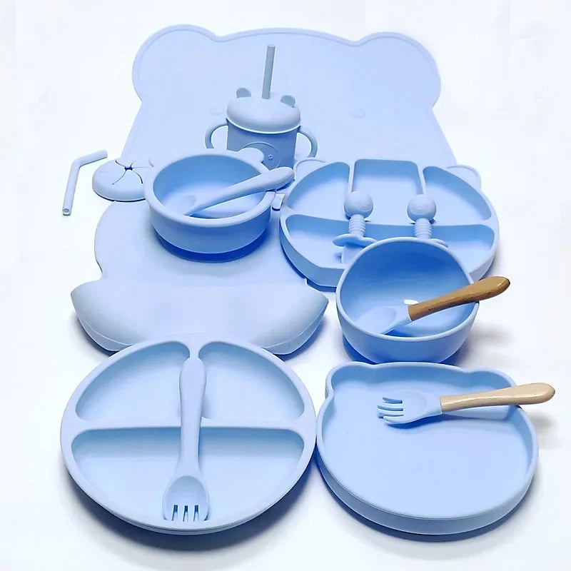 Juego de vajilla de silicona para niños, 16 piezas, taza de succión adicional, tazón, cuchara, madre y bebé